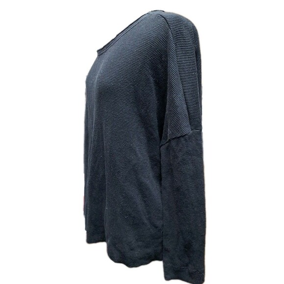 Anthropologie Thermal Waffle Knit Top Women's Sz S Black Boxy Oversized Raw Edge - Picture 2 of 8